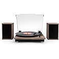Victrola Montauk Vinyl Record Player, 3-Speed Belt Driven Turntable with Stereo Bluetooth Speaker Pair, RCA Output and 3.5mm Headphone Jack, Removable Dust Cover, Farmhouse Walnut Finish