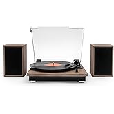 Victrola Montauk Vinyl Record Player, 3-Speed Belt Driven Turntable with Stereo Bluetooth Speaker Pair, RCA Output and 3.5mm Headphone Jack, Removable Dust Cover, Farmhouse Walnut Finish