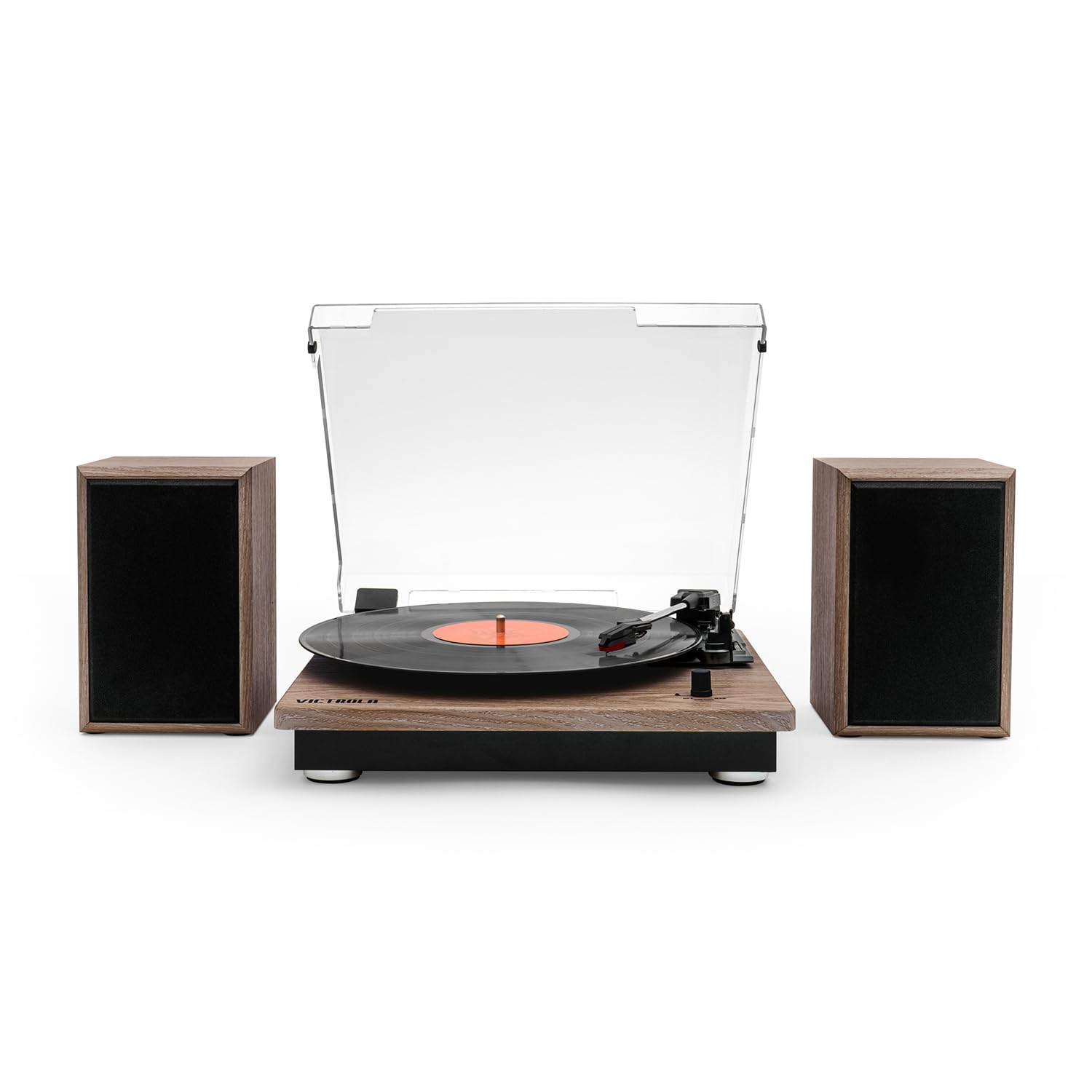 Victrola Montauk Vinyl Record Player, 3-Speed Belt Driven Turntable with Stereo Bluetooth Speaker Pair, RCA Output and 3.5mm Headphone Jack, Removable Dust Cover, Farmhouse Walnut Finish