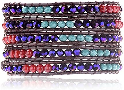 Vintage Boho Gemstone Beads Leather Wrap Bracelet with Mixed Agate Colorful Beads