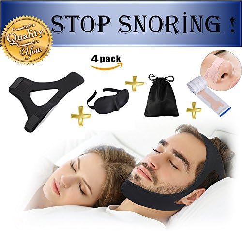 Anti Snoring Chin Strap for Men &amp; Women - Custom Design, Fits All Head Sizes Anti Snore Solution - Anti Snore Device,Kit,Tool - for Men and Women Black with Nose Strips, Travel Bag, Sleep Mask