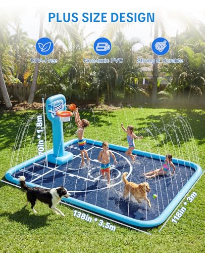 Splash Pad for Kids, 118"x138" Extra Large Sprinkler Splash Pad with Basketball Hoop & Ball, Non-Slip Outdoor Water Toys for Backyard Summer Fun
