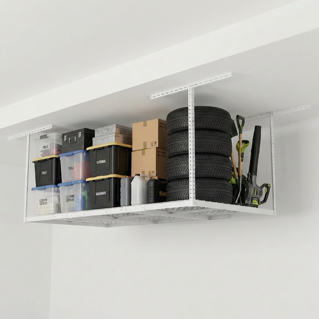 FLEXIMOUNTS 3x6 ft Adjustable Overhead Garage Storage Rack, 72" L x 36" W x 40" H, 450 lbs Weight Capacity, White, Classic Series Image