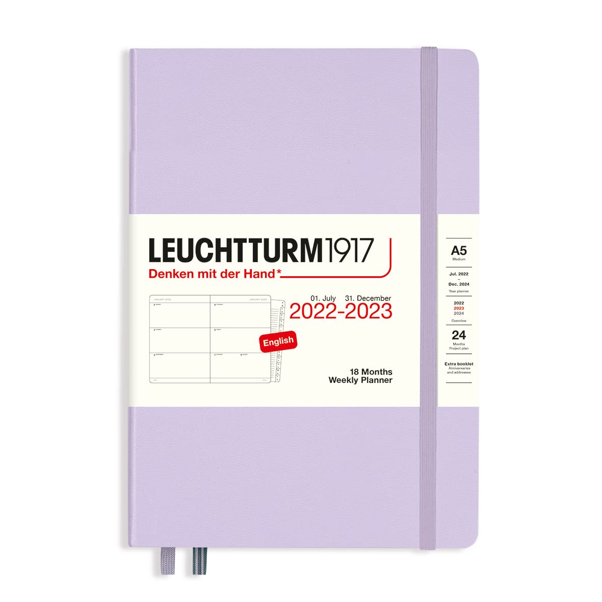 LEUCHTTURM1917 366033 Weekly Planner Medium (A5) 2023, 18 Months, Lilac, English