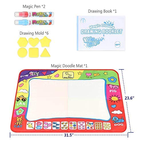 D-FantiX Kids Water Doodle Mat,Large Water Drawing Mat 4 Colors Writing Painting Toddlers Doodle Board Pad with 2 Magic Pen for Girls Boys Educational Gift 31.4 x 23.6in