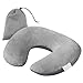 Plemo Travel Pillow, Velvet U-Shaped Inflatable Neck Back Support Pillow with Washable Removable Cover & Carry Pouch, Gray