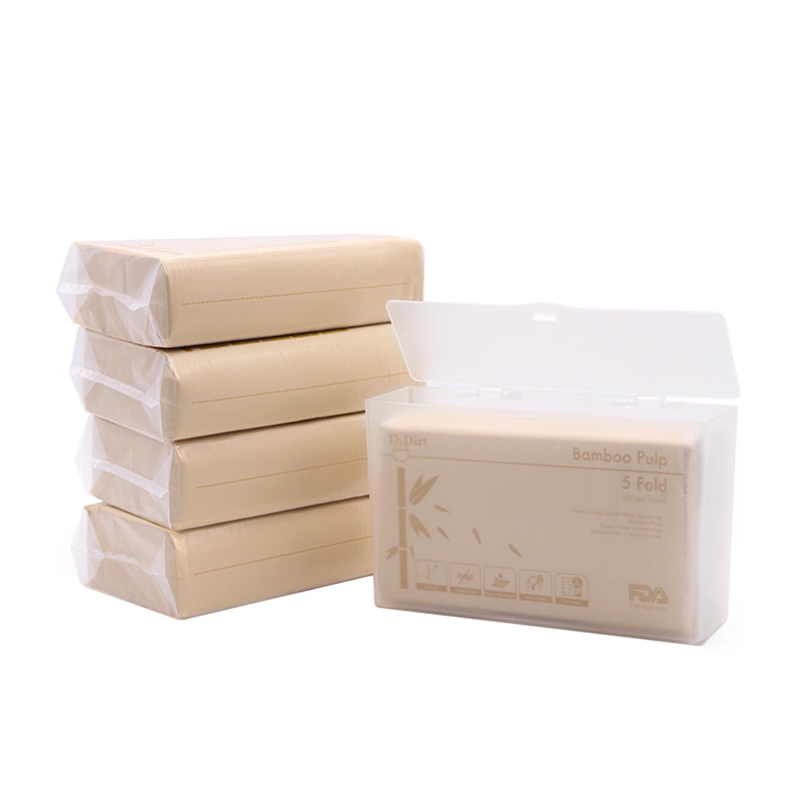 Photo 1 of DrDirt Bamboo Multifold Paper Towels - Five-Fold Design, Sustainable, Soft and Absorbent Hand Towels for Bathroom,Home and Kitchen Use, Includes a Sturdy Plastic Tissue Box (5 Packs, 110 Sheets/Pack)
