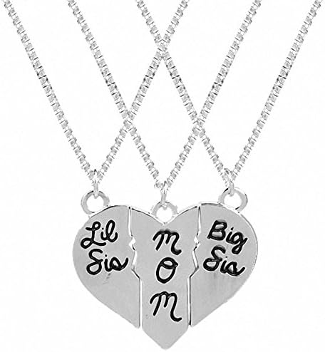 LINKY Mother Daughter Necklace Gift Big Sis Lil Sis Mom Broken Heart Puzzle Necklace Set (silvery)