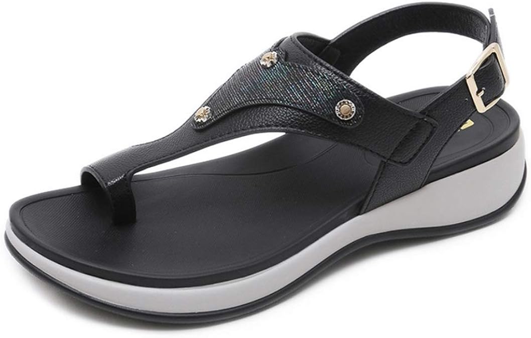 Women Flip Flops Sandals Leather Concise Outdoor AntiSlip Low Wedge Heel Buckle Strap Summer