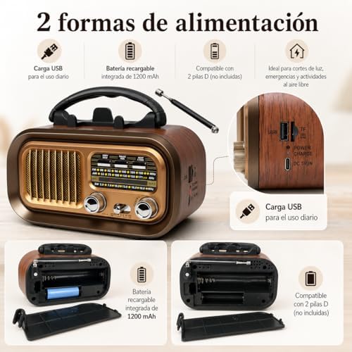 Radio Portátil Am/FM/SW Retro con Bluetooth, Batería Recargable 1200 mAh — foto 4 de 7