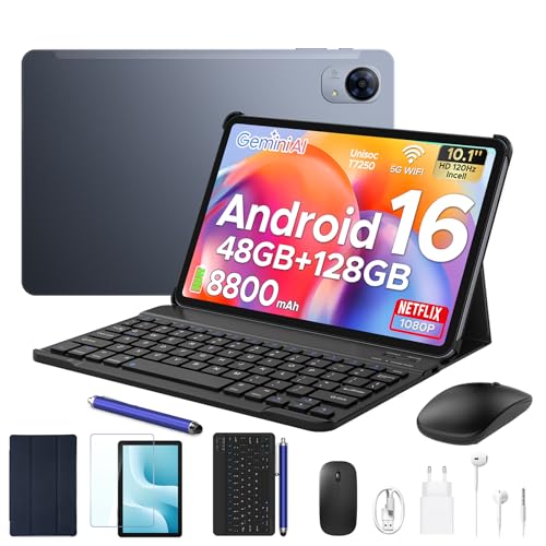 BIRDCLAW P10 Pro Tablet Android 16, Tablet 10 Pulgadas with Gemini AI, 48GB RAM+128GB ROM/2TB, Octa-Core T7250, 120Hz, 8800mAh, 13MP+5MP, Face ID, GPS, 5G WiFi, OTG, Tablet con Teclado y Lapiz, Gris