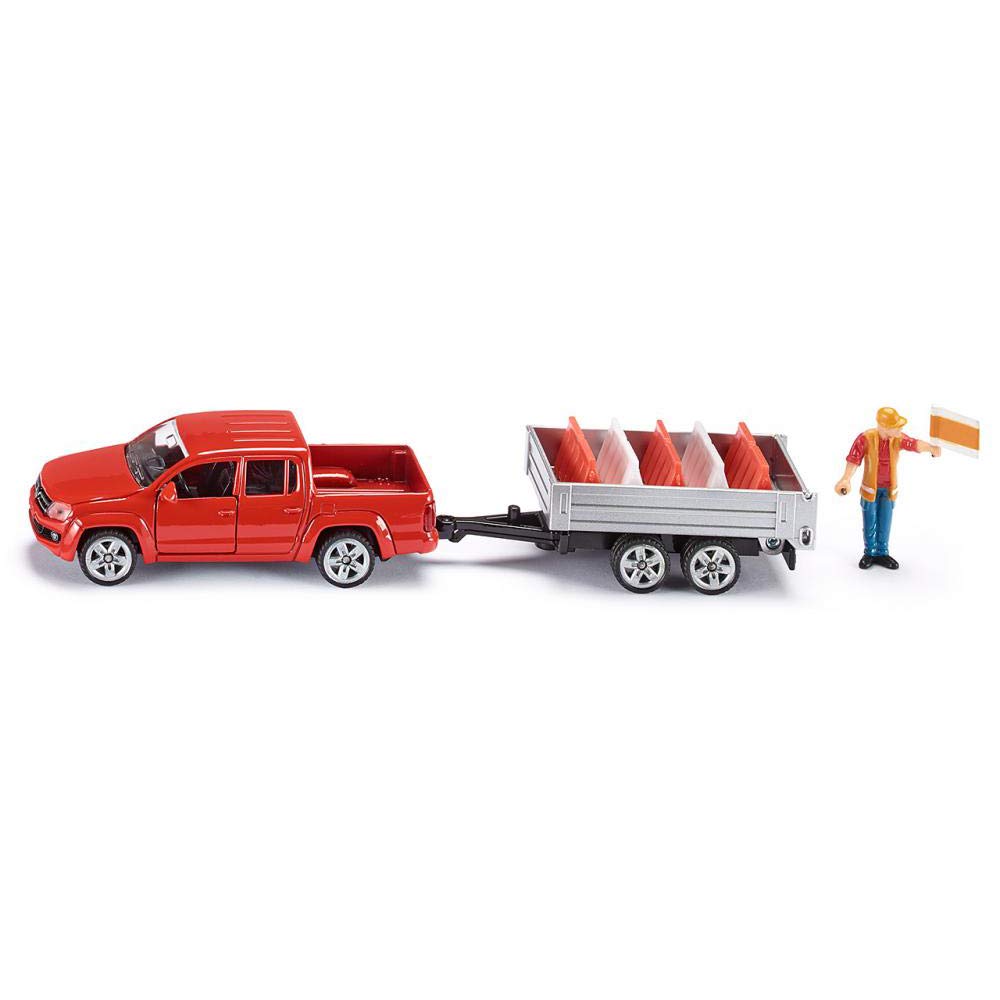 siku 3543, VW Amarok Pick-Up with Tipping Trailer, 1:55, Metal,Plastic, Red, Incl. toy figure and 5 traffic barriers — image 1