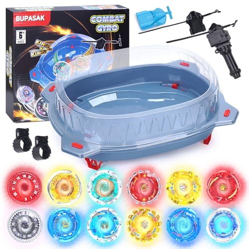 BUPASAK Light Ignite Spinning Tops Battle Set, with Stadium, 12 Light Ignite Spinning Tops, and 3 Launchers, Toys for 6 Year Old Boys & Girls & Up (Amazon Exclusive)