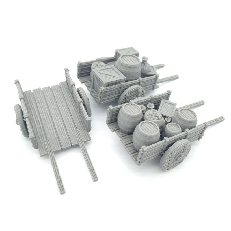 QP3D - Merchant Carts with Crates and Barrels Scatter Terrain - Fantasy Wooden Goods for Tabletop Scenery & RPG 28-32mm Miniatures Wargame Props DnD D&D, 3D Printed and Paintable