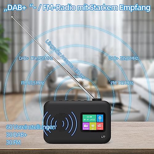 LFF Digital Radio DAB Small Digital FM Radio with DAB+ and Bluetooth, Colour Display, Battery or Cable Function - Black