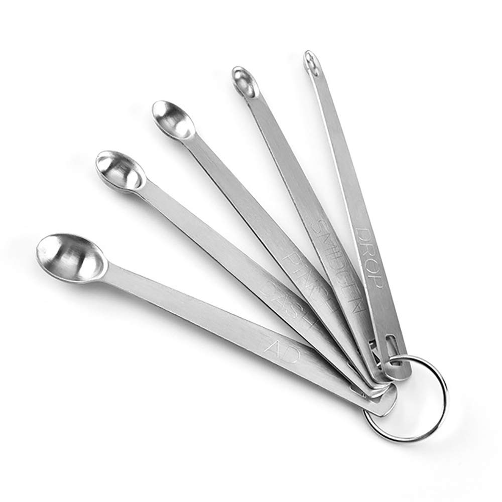 Eco Memos Measuring Spoons Set of 5 Piece Stainless Steel Spice Spoons Measuring Tools - 1/4 TSP, 1/8 TSP, 1/16 TSP, 1/32 TSP, 1/64 TSP with Etched Markings & Removable Clasp