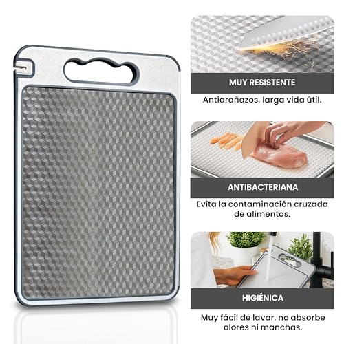 Tabla de Cortar Acero Inoxidable 304 Antibacteriana 35x25 cm | 3 en 1 con Afilador, Rallador y Canal Antiderrame | Doble Cara | Cuchillo Profesional + eBook 100 Recetas Mediterráneas