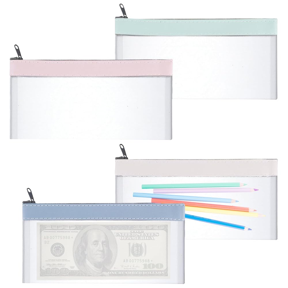YZDZSW 4 Pcs Plastic Money Wallet, Money Bags with Zipper, 210x105mm Clear Travel Wallet Waterproof Cash Bags for Coins Check Receipt (4 Colors)