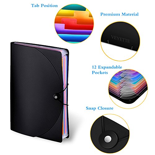 File Folders, VEYETTE Colored 12-Pocket Expanding File Folder with Tags and Closure for Classroom, Home, Office and Travel Use, A4 Size and Letter Size