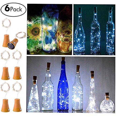 6 Pack Solar Powered Wine Bottle Lights, 10 LED Waterproof Cool White Copper Cork Shaped Lights for Wedding Christmas, Outdoor, Holiday, Garden, Patio, Pathway Decor (Cool White)
