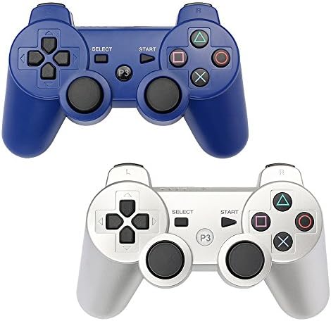 HBetterTech PS3 Controller 2 Pack Wireless Bluetooth Six Axis Controllers Gamepad for PlayStation 3 Dualshock 3 (1Blue + 1Silver)