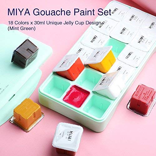 MIYA Gouache Paint Kit, 18 Colors x 30ml Paint Set & 10 Pieces Hog Bristle Paint Brushes, Unique Jelly Cup Design with Portable Case Gouache, Perfect for Oil, Acrylic Painting & More (Mint Green)