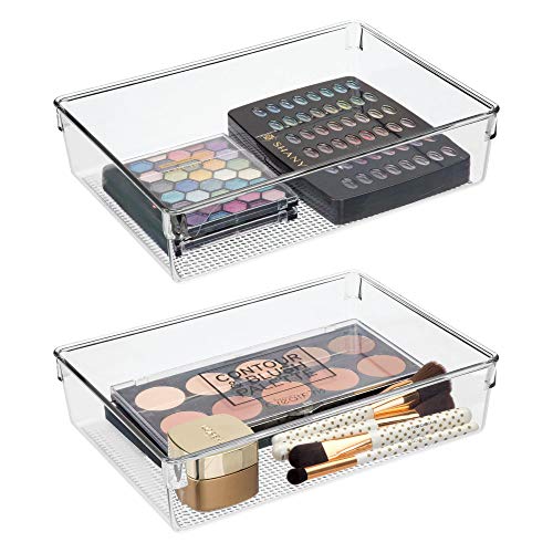 mDesign Plastic Makeup Drawer Organizer for Bathroom Vanities, Countertops - Storage Bin for Makeup Brushes, Eyeshadow Palettes, Lipstick, Lip Gloss, Blush, Concealers - 12" x 9" x 3" - 2 Pack - Clear