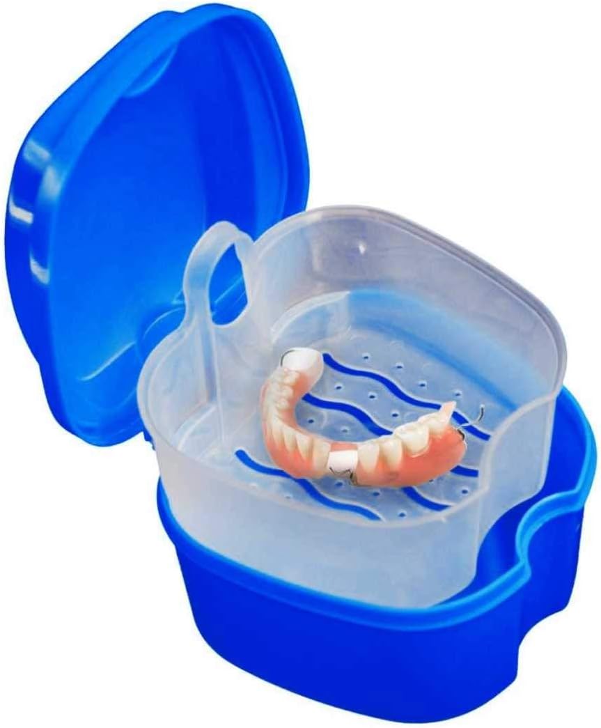 Denture Box Case, Riforla Denture Bath Box Case Dental False Teeth Storage Box with Hanging Net Container (Dark Blue): Health & Personal Care