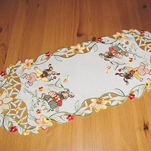 Table Runner-Embroidery, oval, ecru / Multi-Coloured "Bunny" (30 x 70 CM)