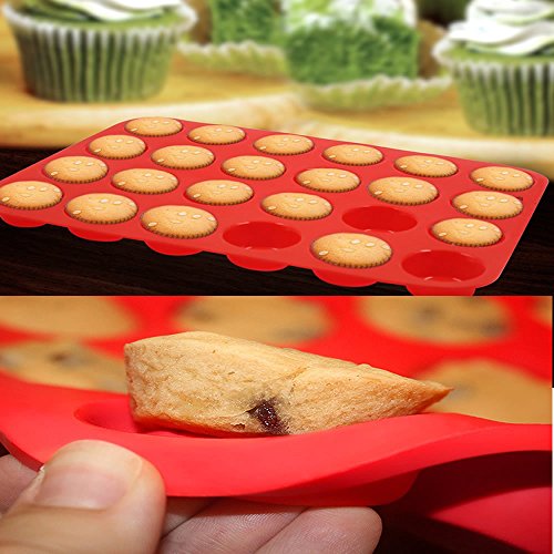 Premium Silicone Mini Muffin & Cupcake Baking Pan Large Non Stick 24 Cup Cookies Molds Bakeware Tin Soap Tray Mould by Meiso (Set of 2) (Red) - Thumbnail 4