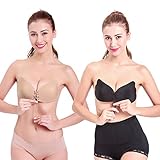 Colleer 2 PCS Womens Ladies Seamless Adhesive Push-up Bra Reusable Strapless Magic Self Stick On Gel Bras Backless Silicone Invisible Bra Pad (B, Black + Nude)