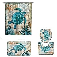 Jeeke 4 Piece Lifelike Turtle Theme Shower Curtain and Bath Mat Set, Sea Style Non-Slip Bath Curtain and Rug Set for Home Bathroom Decor, Ship from USA