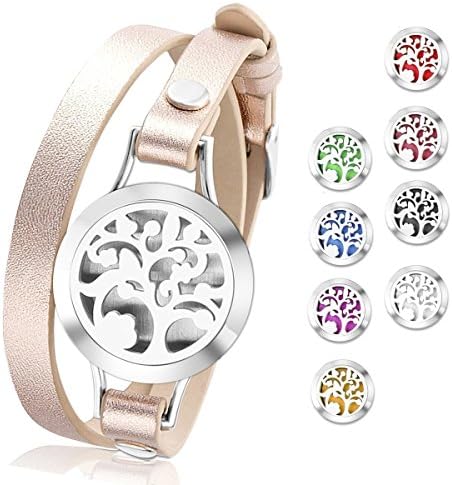 SHOPPING STORY - Essential Oil Diffuser Bracelet,Stainless Steel Aromatherapy Locket Bracelets Leather Band with 8 Color Pads,Girls Women Jewelry Gift Set (Lovely Tree - Rose Gold)