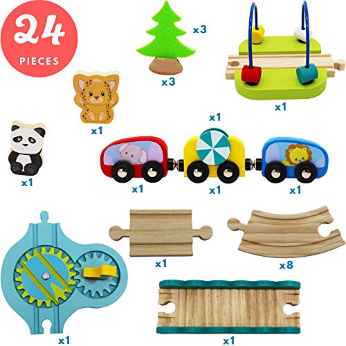 Vesta Baby My First Railway Train Set - 24 Piece Beginner Wooden Rail Activity Toy for Kids - Wood Double-Sided Compatible Tracks with Magnetic Trains, Age 18 Months 2 3 4 Years Old Toddler Boys Girls