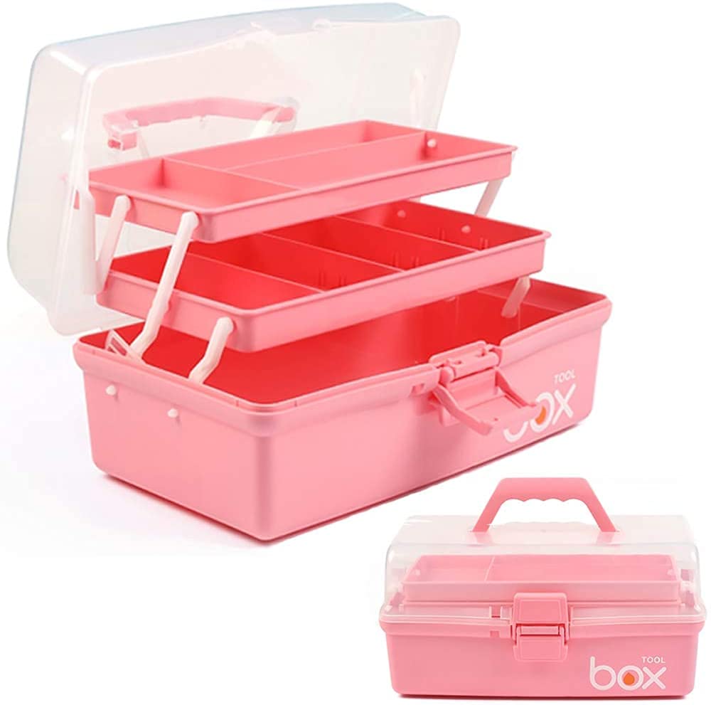 Creahaus 12in 3 Layer Multipurpose Storage Box/Craft Storage Boxes With Compartments/Plastic Tool Box/Medicine Storage Box/Hair Accessories Organiser/Sewing Box with 2 Trays (Pink)