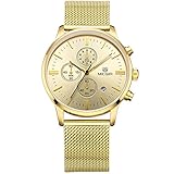 Mens Stainless Steel Calender Alloy Business Formal Quartz Wrist Watch for Man (Gold)