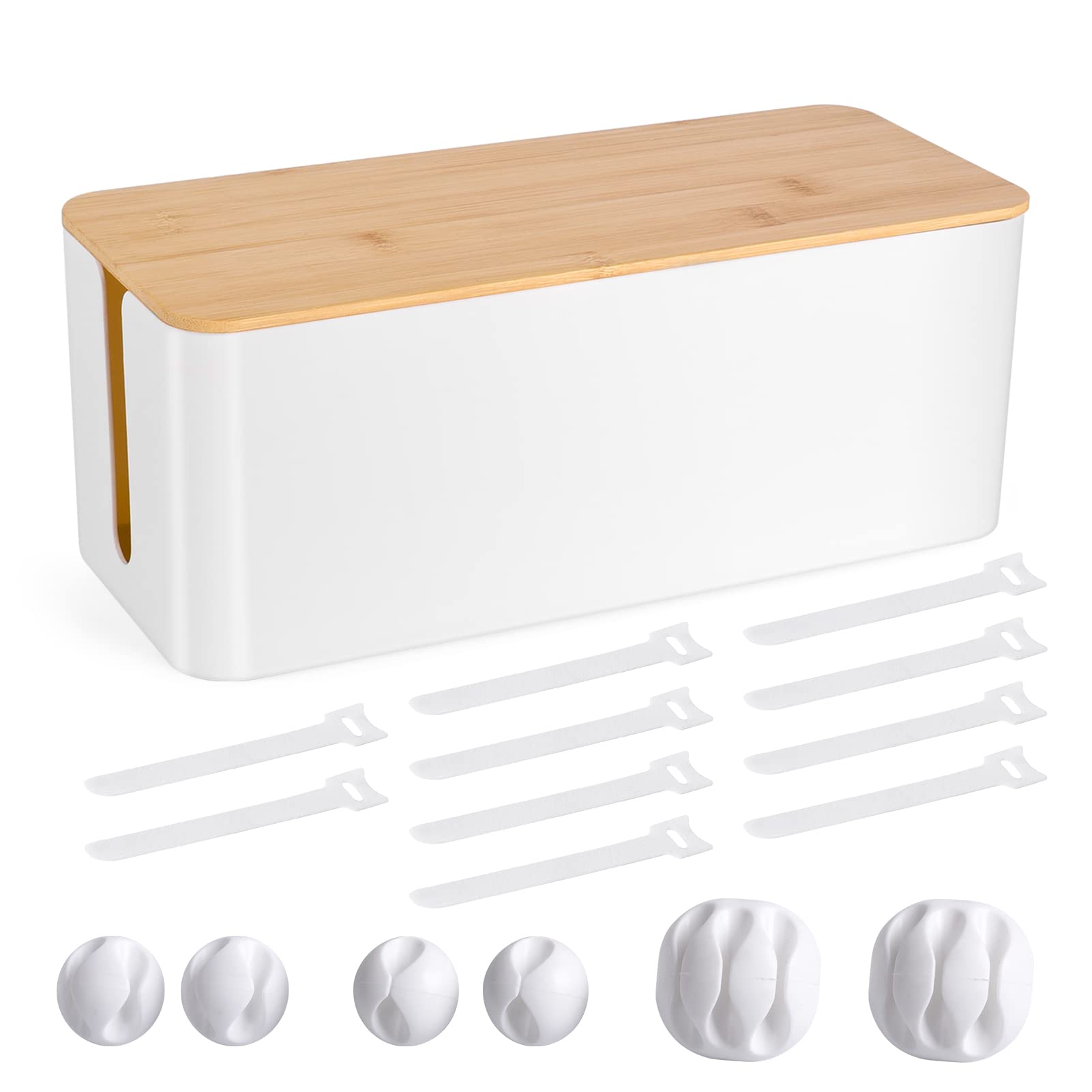 Photo 1 of Cable Management Box - Wooden Style Cord Organizer Box to Hide Wires & Power Strips | Desk Computer Cable Organizer Box | Safe ABS Material | 12.6" (L) x 5.3" (W) 4.9" (H) | for Home & Office - White