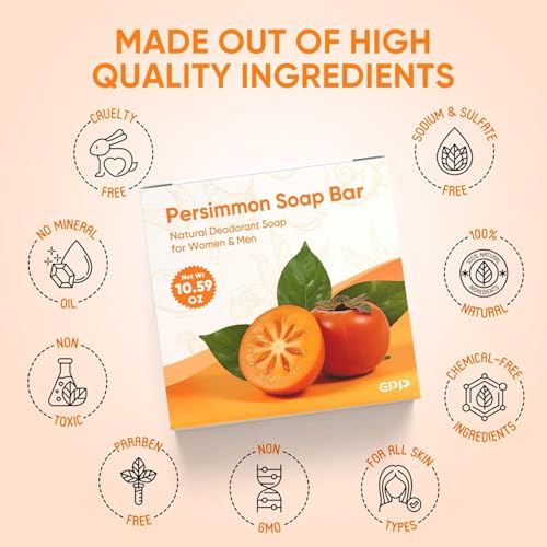 GPP Persimmon Soap Bar for Body Odor Control – 3 PCS Natural Body Wash Soap for for Old People Smell Eliminating Body Odor, Purifying Deodorizing Odor Eliminator for Women & Men, 3.53oz/pe
