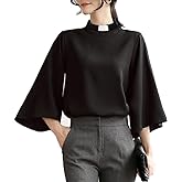 Women's Clergy Shirt Tab Collar Swing Long Sleeve Regular Blouse