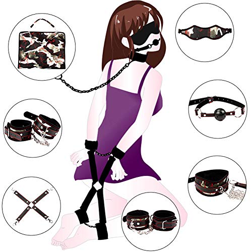 8 Piece Leather Bondage Restraints Set Kit for Bed and Under Bed Sex Play SM Bondage Toy Gear Wrist Cuffs Gags Collar Spanking Rope Strap On Harness for Women Couples Lesbian Female