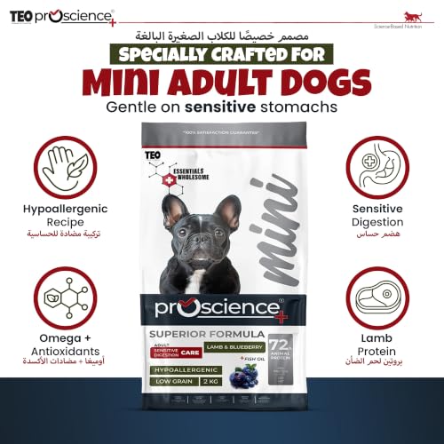 Teo Premium Proscience Mini Sterilised Dog Food 2KG Lamb & Blueberry, 72% Animal Protein, Hypoallergenic Low-Grain Recipe with Omega 3 & 6, Glucosamine, Chondroitin & Fish Oil, 28% Protein 12% Fat