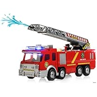 Memtes Electric Fire Truck Toy with Lights and Sirens Sounds, Extending Ladder and Water Pump Hose to Shoot Water, Bump and Go Action