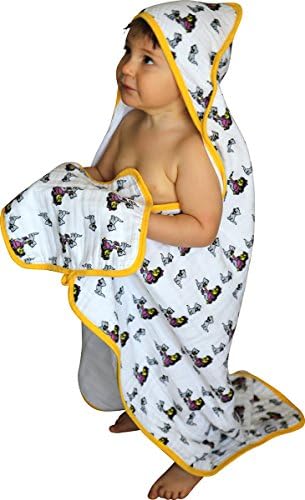 ChaBabee Large 2-Piece Baby Infants to Toddlers and Beyond Muslin 100% Cotton Hooded Bath Towel + Washcloth for Girls โ Gray Pink Girl Cats