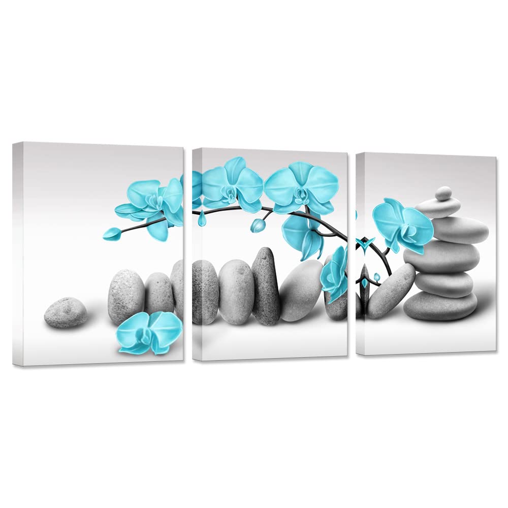 Photo 1 of Biuteawal 3 Panel Zen Wall Art Blue Orchid Flower with SPA Stone Pictures Canvas Prints Grey Turquoise Floral Painting Peaceful Artwork Modern Spa Yoga Home Bedroom Office Bathroom Decoration