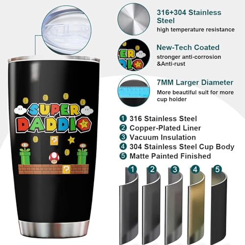 Dad Father Day Gifts, Father Gift Tumbler with Lid Stainless Steel, Super Daddio Gifts for Daddy for Birthday-Gift, Dad Drinking Cup from Daughter Son