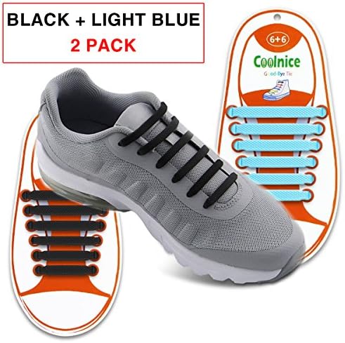 No Tie Shoelaces for Kids - Best in Sports Fan – Waterproof Silicon Flat Elastic Athletic Running Shoe Laces with Multicolor for Sneaker Boot Board Shoes and Casual (Black + Light Blue)