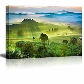 Canvas Prints Wall Art - Beautiful Scenery/View of Green Fields and Meadows at Sunset in Tuscany | Modern Wall Decor/Home Art Stretched Gallery Canvas Wrap Giclee Print & Ready to Hang - 12" x 18"