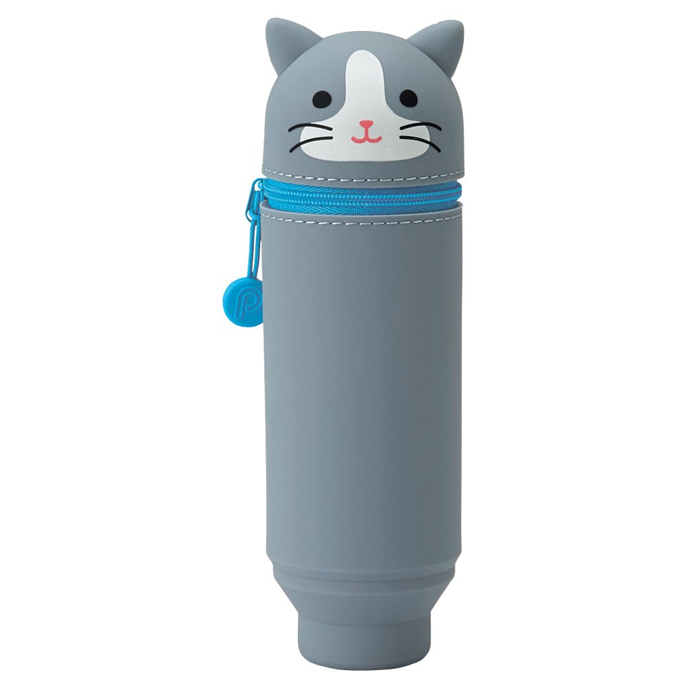 LIHITLAB Kawaii Japanese Gray Cat Stand Up Pencil Case For School Office College, Cute School Supplies, Animal Pen Holder Pouch Holder Teen Girls Artists, Travel Cosmetics Storage (A7712-4)