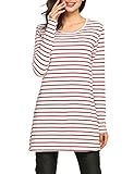 ACEVOG O-Neck Long Sleeve Striped Casual Long Tunic Top Basic Women shirts, Red&white, XL