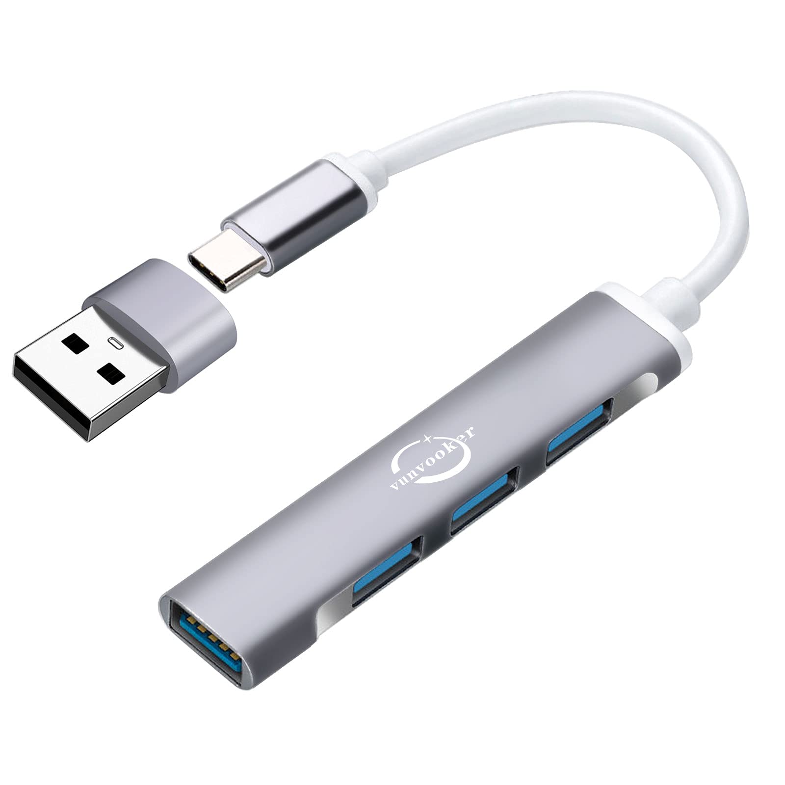 Vunvooker 4-Port Mini USB C Hub - 3 USB 2.0 and 1 USB 3.0 Adapter for MacBook Pro/Air, iMac, Surface Pro, XPS, PC - Ultra Slim Portable Data Transfer (Grey)